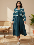 Cotton Fit And Flare Midi Dress with ikat Printed Jacket