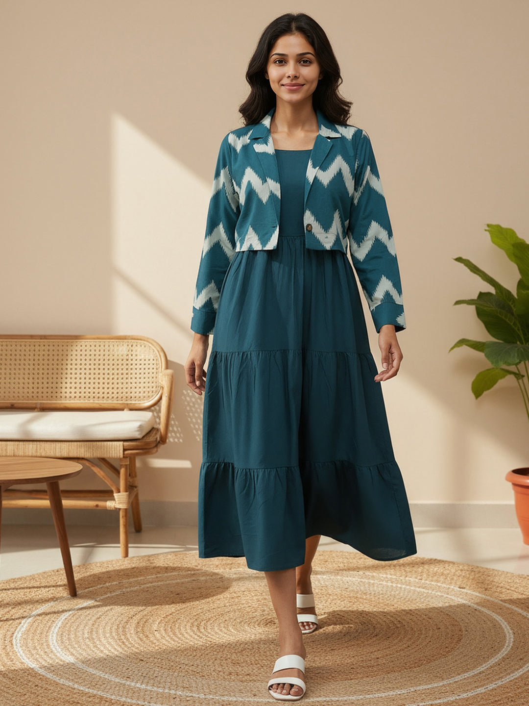 Cotton Fit And Flare Midi Dress with ikat Printed Jacket