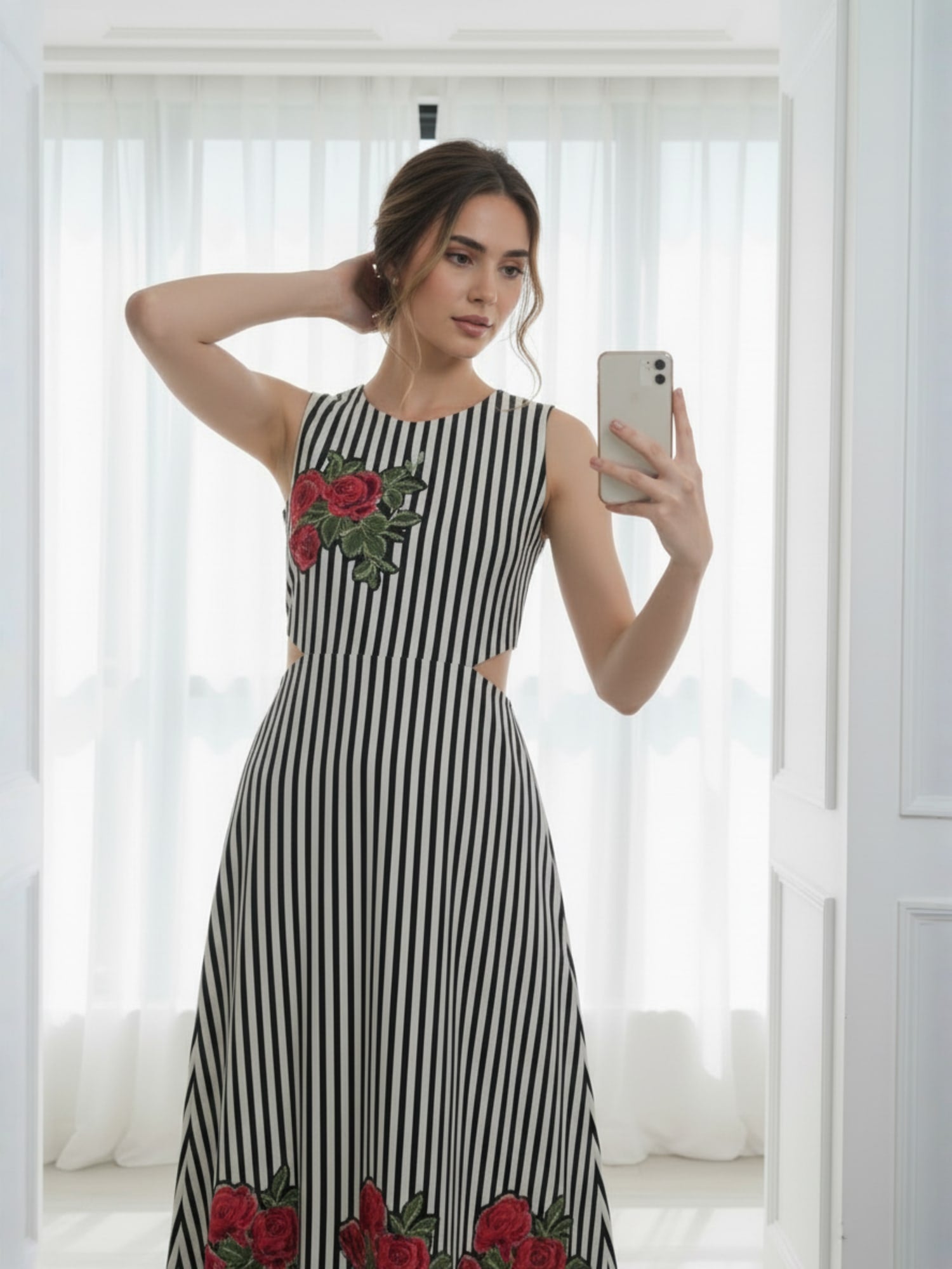 White and Black striped cut - out dress