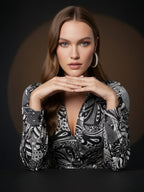 Black Satin Paisley Printed Shirt Dress