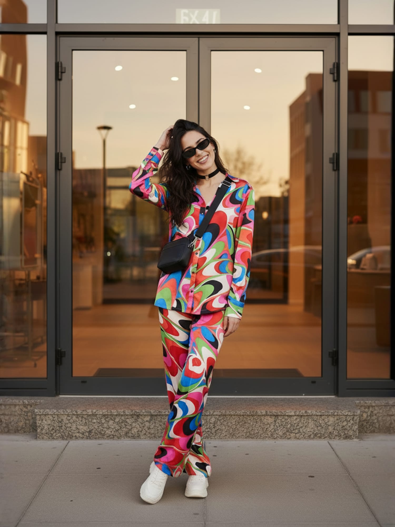 Multi Abstract Satin Shirt With Darted Pants