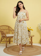 Cotton Yellow Printed Fit And Flare Midi Dress with Embroidered Jacket