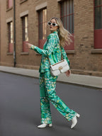 Blue Abstract Satin Shirt With Darted Pants