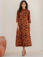 Rayon Brown Printed Fit And Flare Maxi Dress