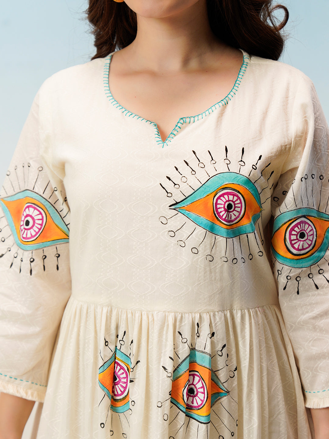 Zummer Hand-Painted Cotton Midi Dress with Ruffles & Bell Sleeves