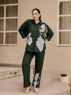 Zummer Hand-Painted Cotton Co-Ord Set with Shirt & Trousers – Olive, Grey & Beige