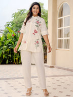 Cotton Off White Embroidered Tunic With Trouser Co-Ords Set
