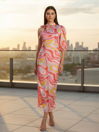 Pink Asbstract One Shoulder Ruched Midi Dress