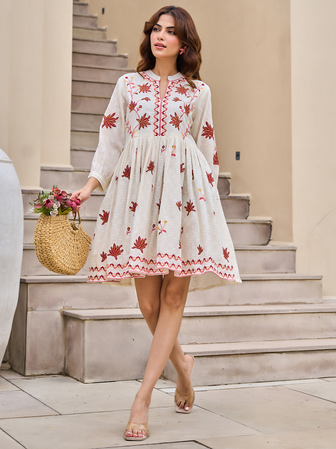 Off white Embroidered Fit And Flare Short Dress