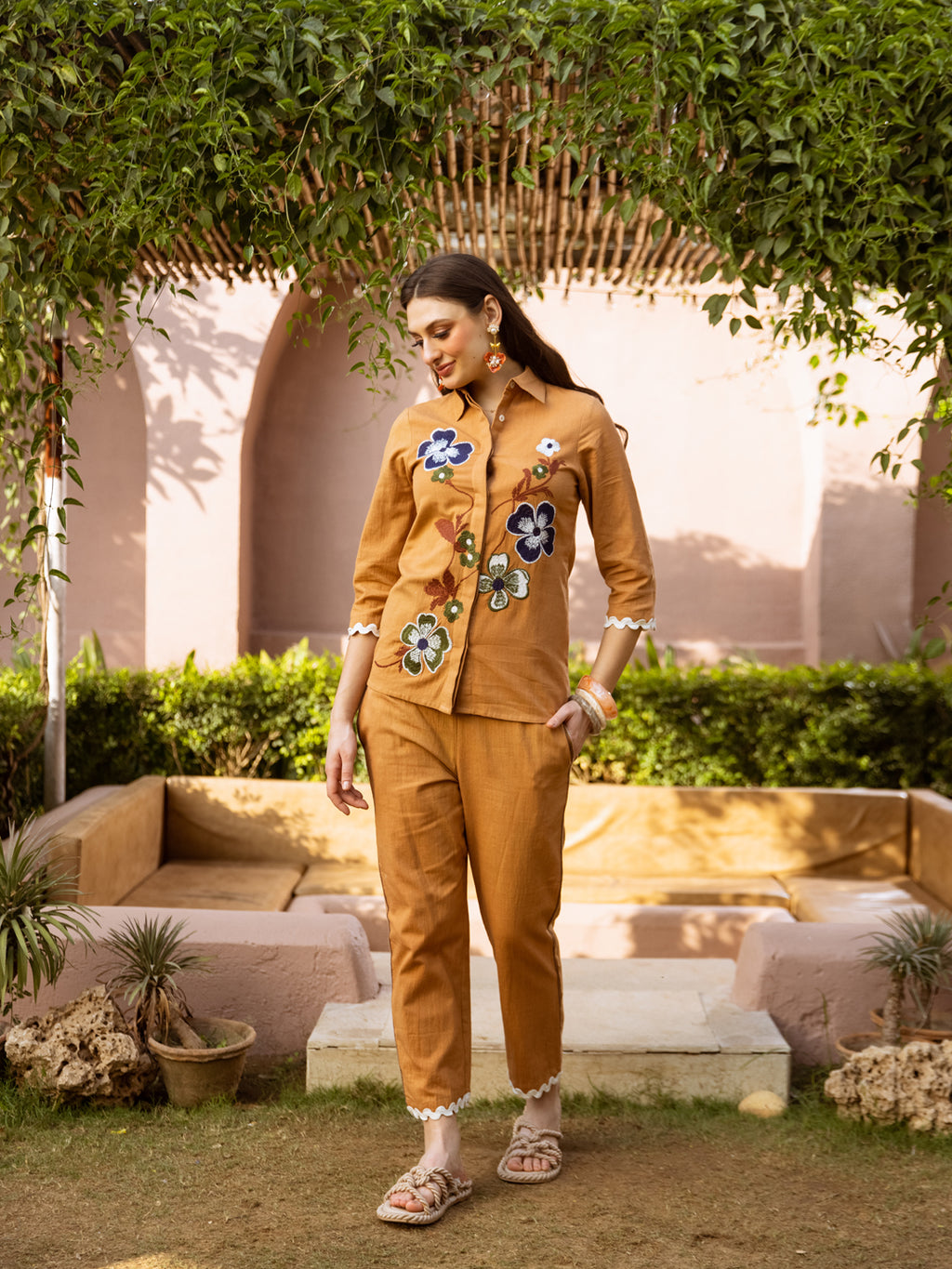 Zummer Embroidered Cotton Co-Ord Set with Shirt & Trousers – Brown, Camel & Navy Blue