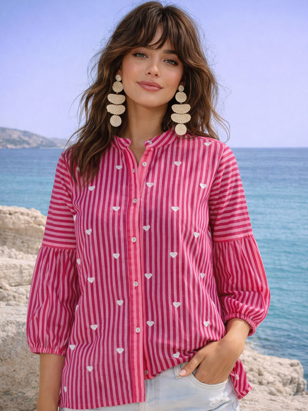 Zummer Women Pink Striped Embroidered Cotton Shirt
