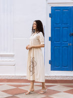 Zummer Embroidered Cotton Midi Dress with Puff Sleeves – Off White, White & Brown