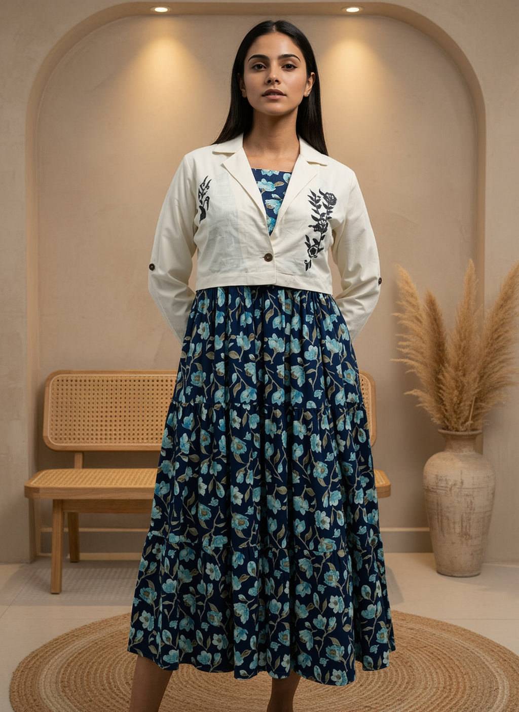 Cotton Navy Blue Printed Fit And Flare Midi Dress with Embroidered Jacket