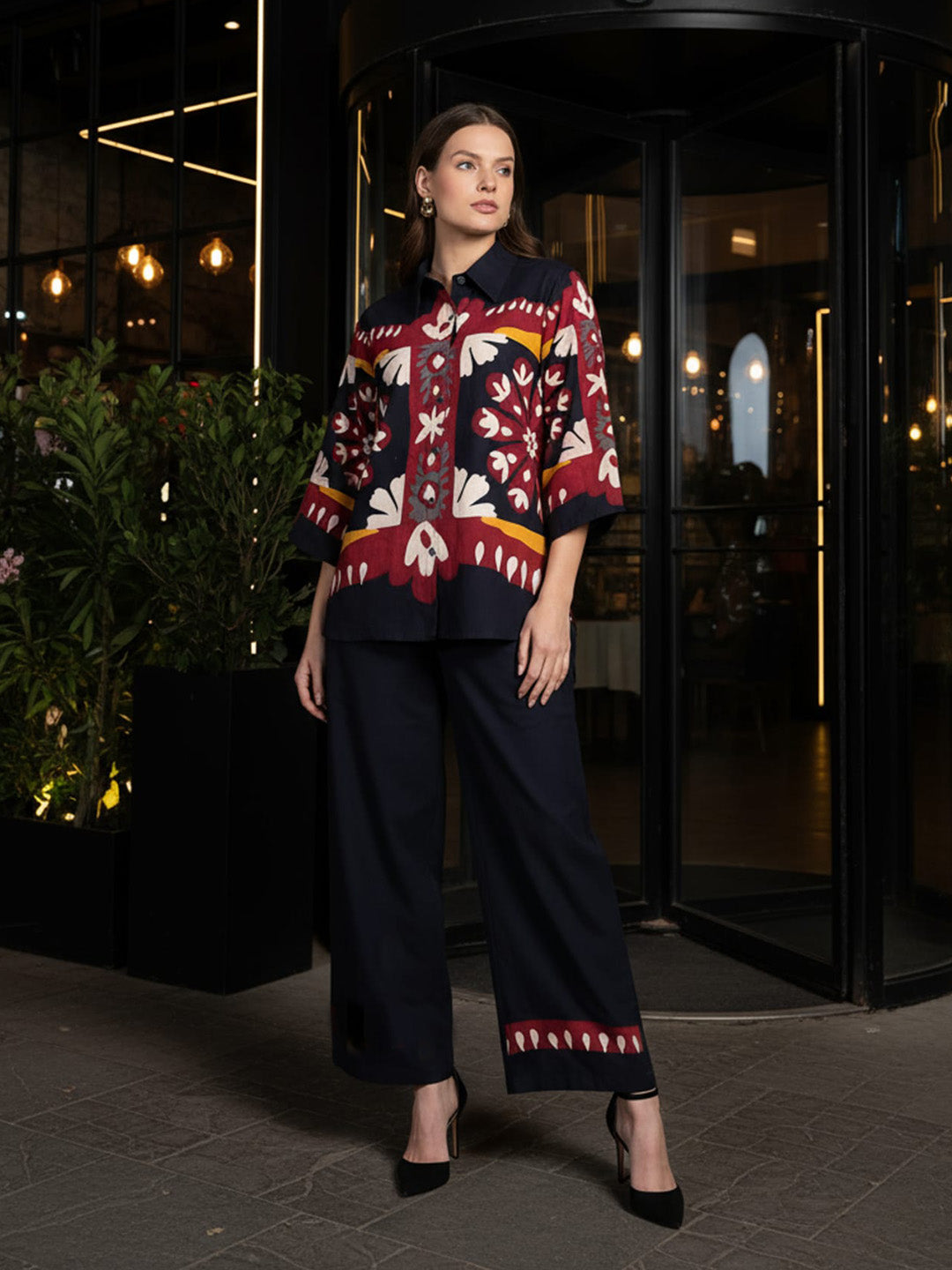 Navy Blue Floral Hand Print Shirt & Trouser Co-Ord Set