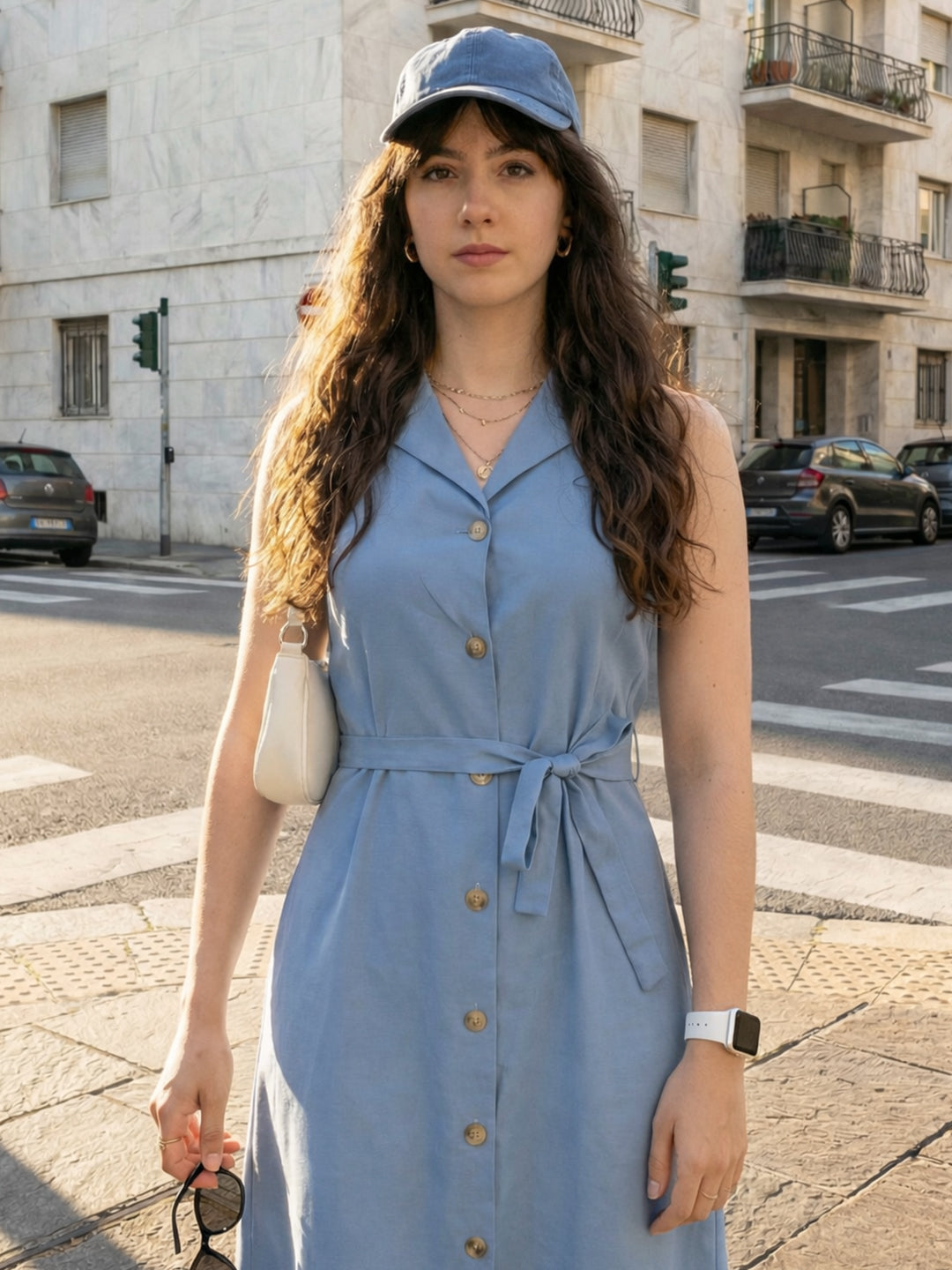 Zummer Women Blue Denim A-Line Midi Dress with Belt