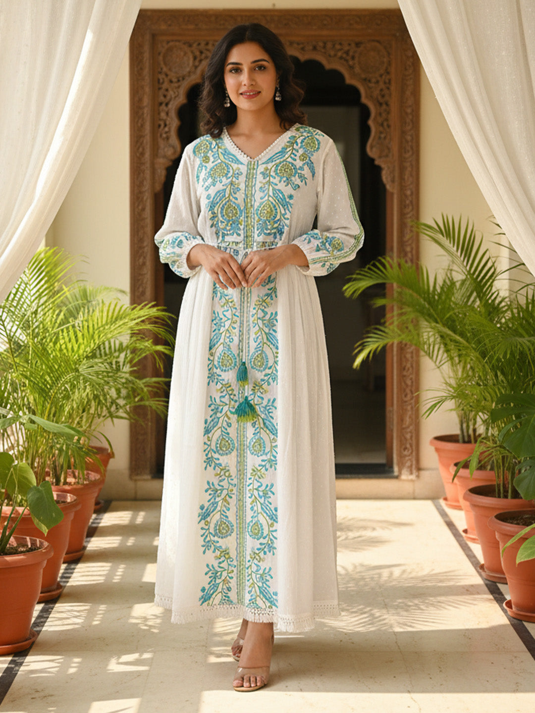Cotton White Embroidered Fit and Flare Maxi Dress