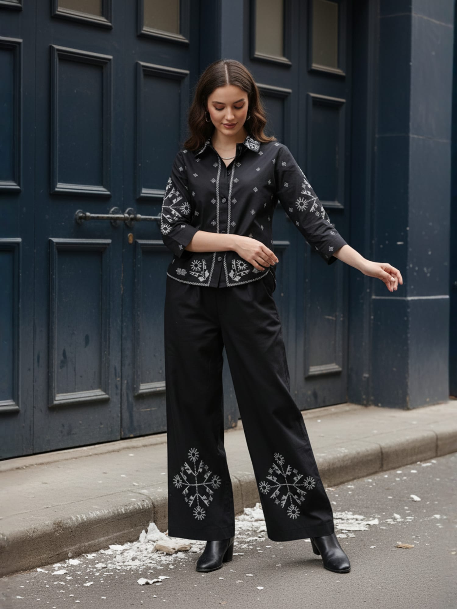 Cotton Embroidered Shirt With Palazzos Co-Ords Set