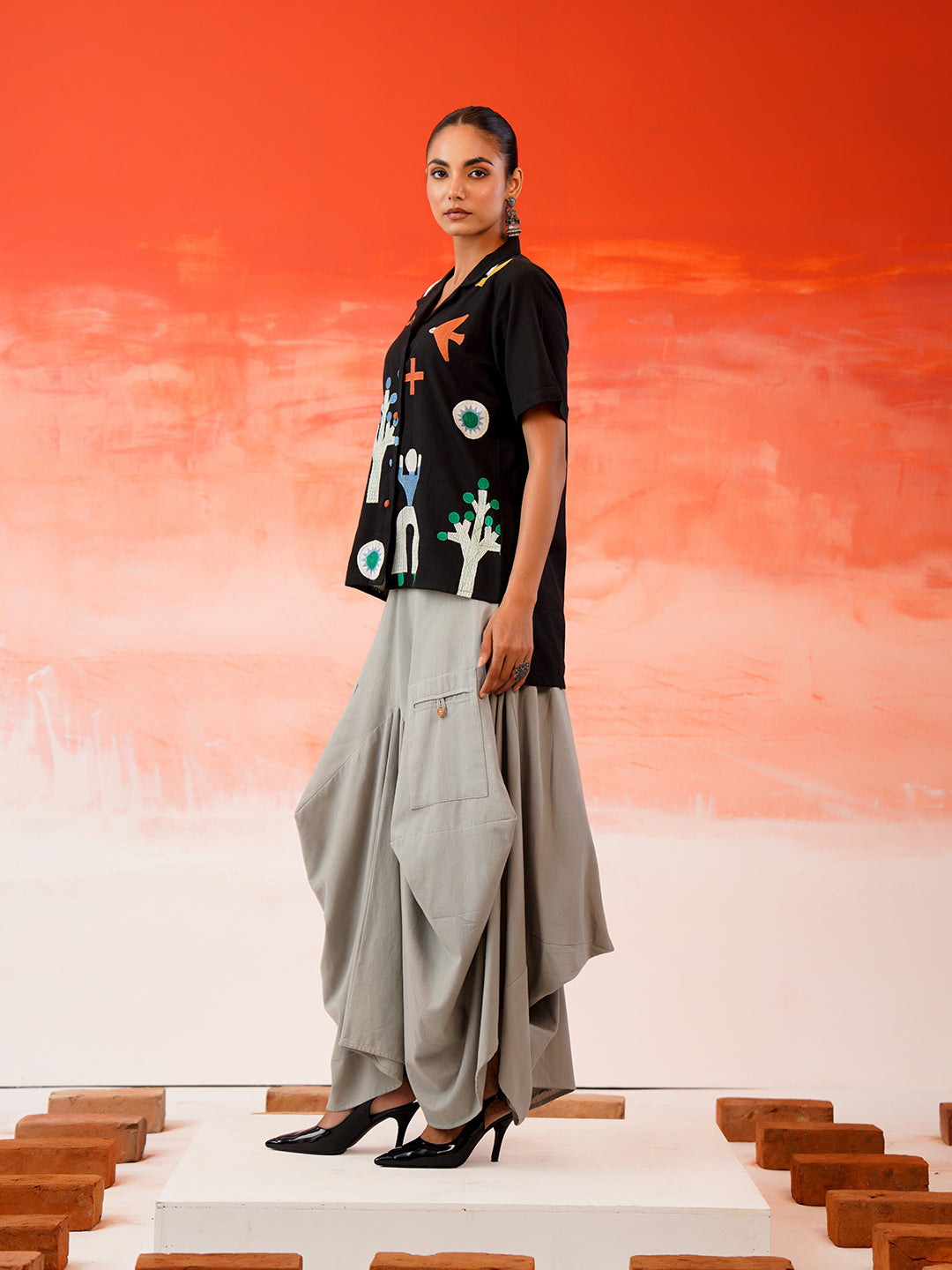 Zummer Embroidered Cotton Co-Ord Set with Shirt & Skirt – Black, Charcoal & Grey