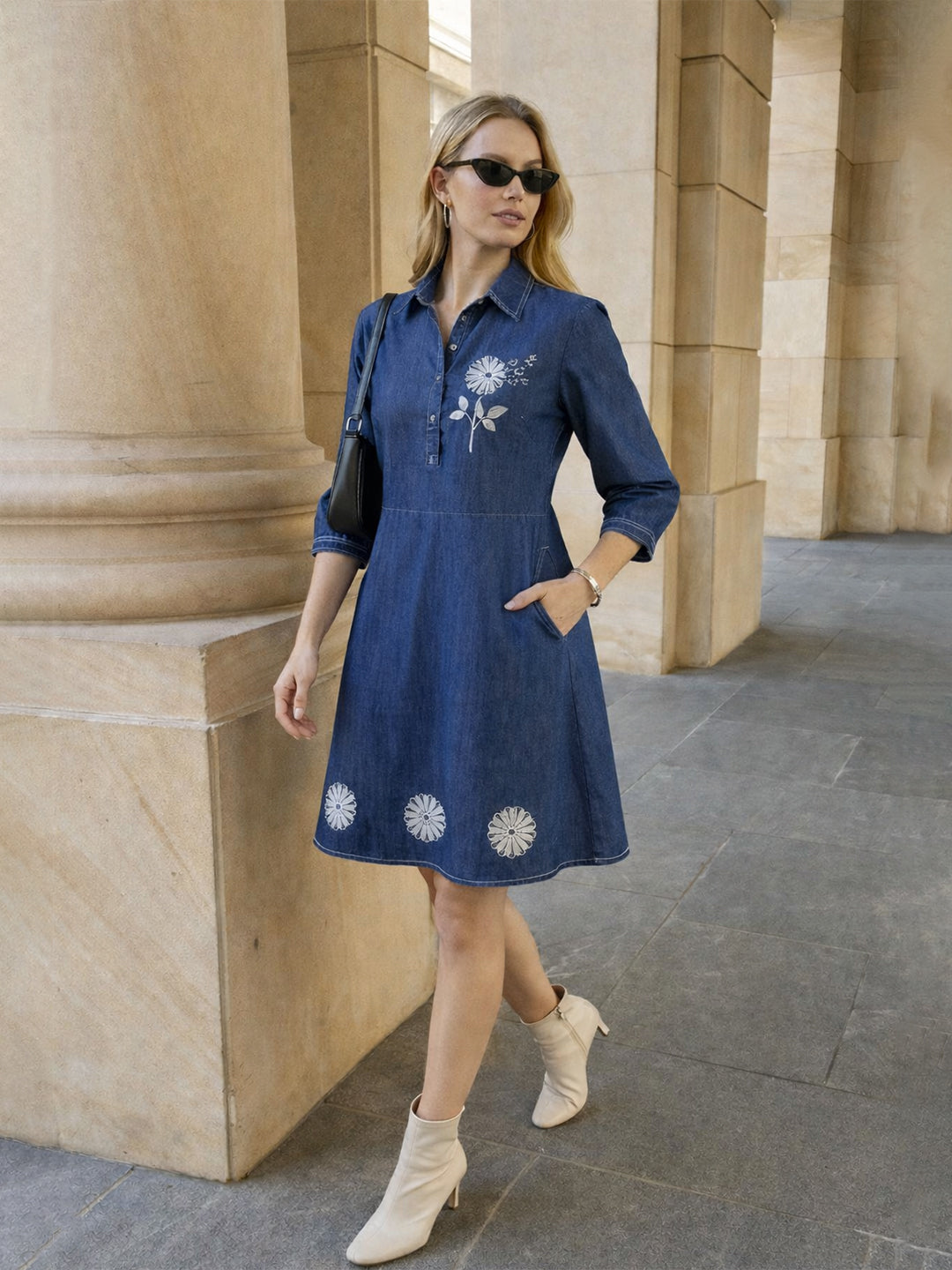 Zummer Blue Embroidered Denim Dress