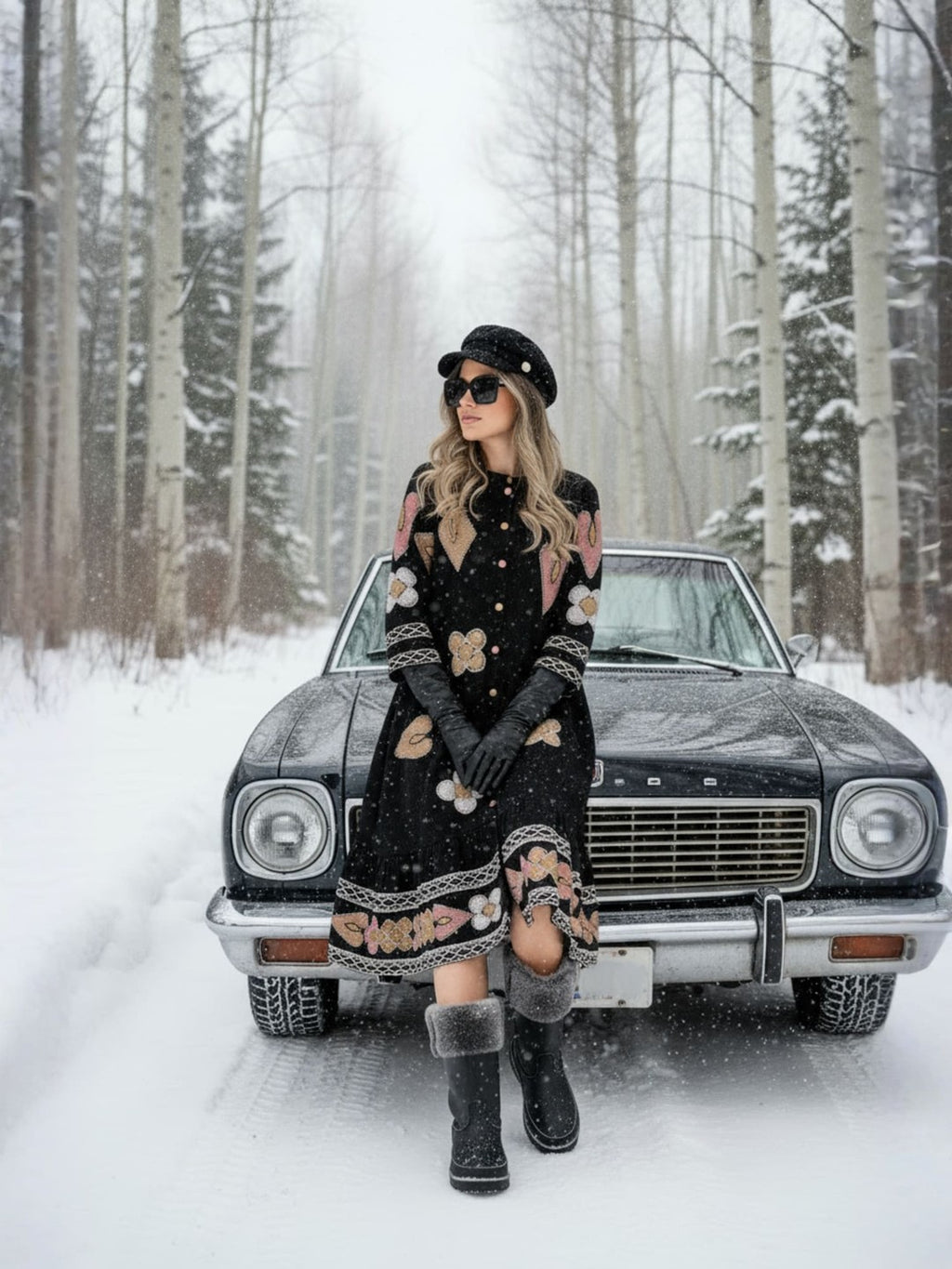 Zummer Cotton Black Geometric Embroidered Midi Dress