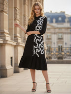 Black Embroidered A-Line Midi Dress