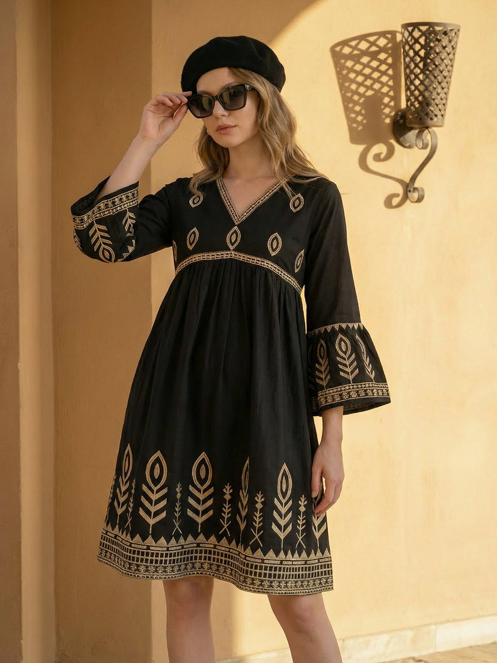 Zummer Embroidered Cotton Knee-Length Dress with Bell Sleeves – Black, Charcoal & Beige