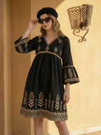 Zummer Embroidered Cotton Knee-Length Dress with Bell Sleeves – Black, Charcoal & Beige