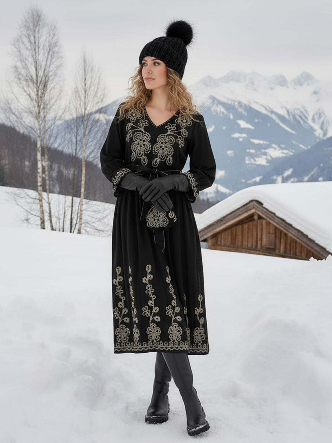 Black Cotton Embroidered Fit and Flare Midi Dress with Bell Sleeves