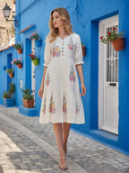 Floral Embroidered Puff Sleeve A-Line Dress