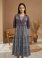 Cotton Lavender Printed Fit And Flare Midi Dress with Embroidered Jacket