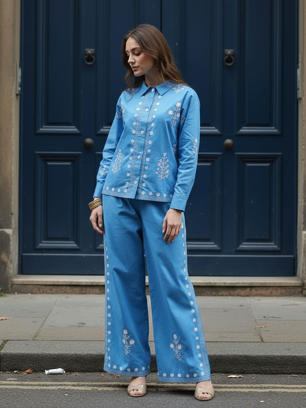 Cotton Embroidered Shirt With Palazzos Co-Ords Set