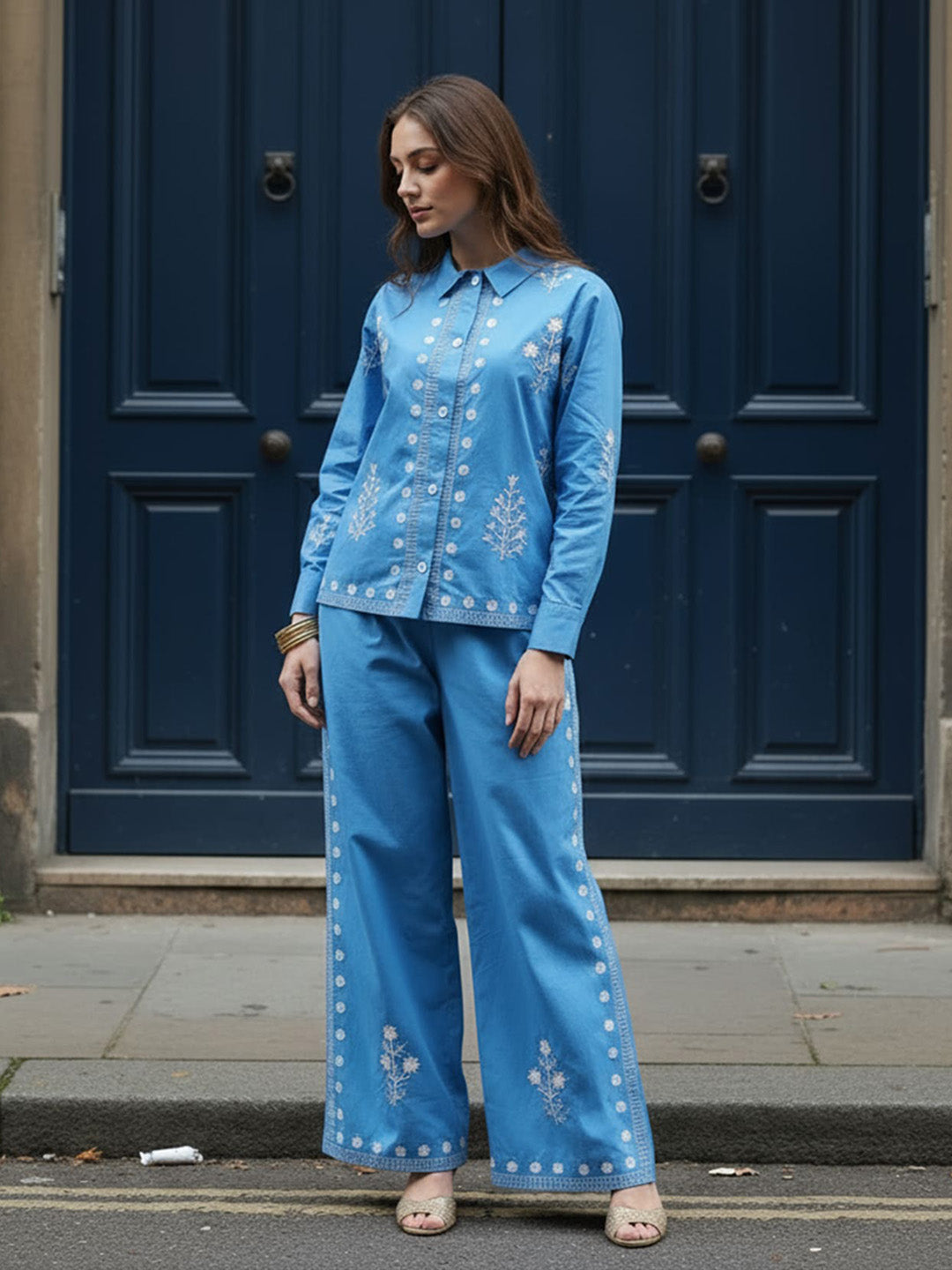 Cotton Embroidered Shirt With Palazzos Co-Ords Set