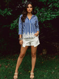 Zummer Printed Striped Cotton Shirt with Lace Inserts – Blue, White & Navy