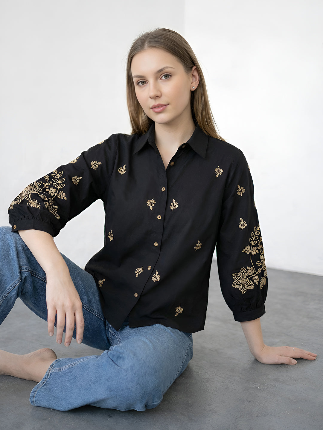 Zummer Black, Charcoal &amp; Beige Embroidered Cotton Shirt