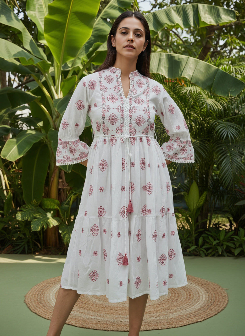 Cotton Floral Embroidered  Puff Sleeve Dress