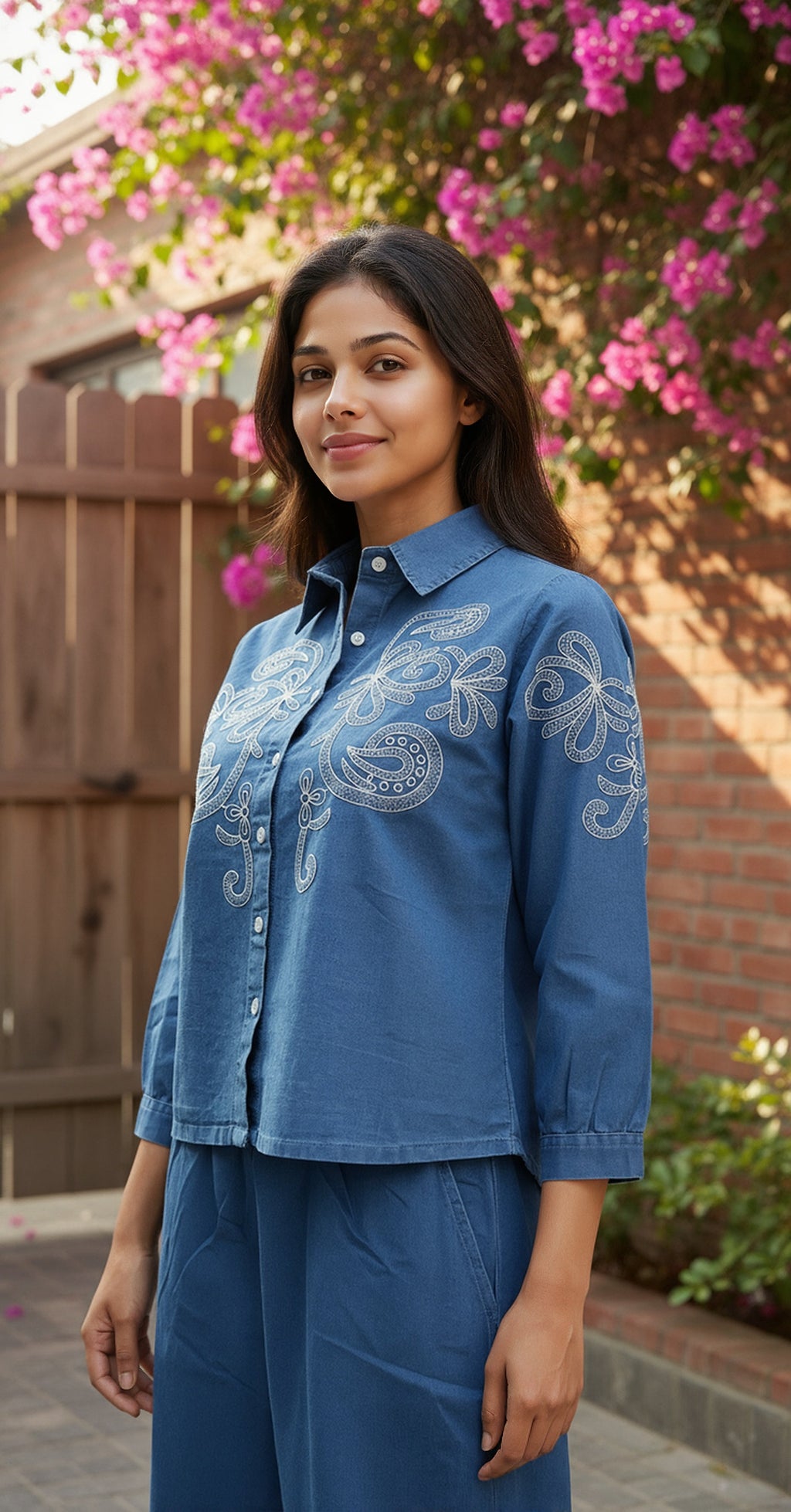 Denim Embroidered Shirt With TrouserCo-Ords Set