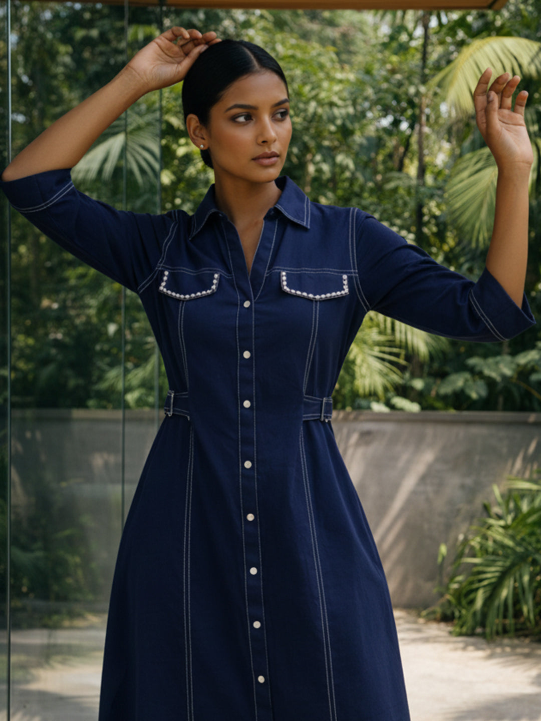 Zummer Women Navy Blue Embellished Cotton A-Line Midi Dress