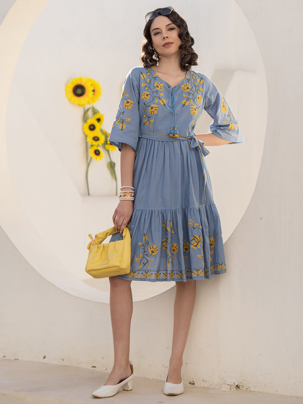 Cotton Floral Embroidered Fit And Flare Dress