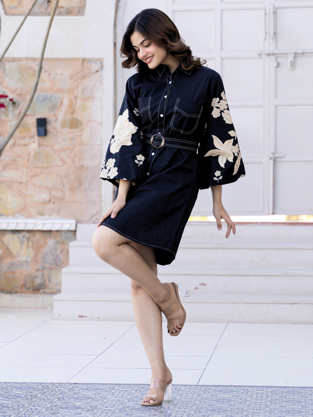 Cotton Floral Colourblocked Shirt Dress