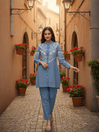 Cotton Floral Embroidered Shirt With TrouserCo-Ords Set