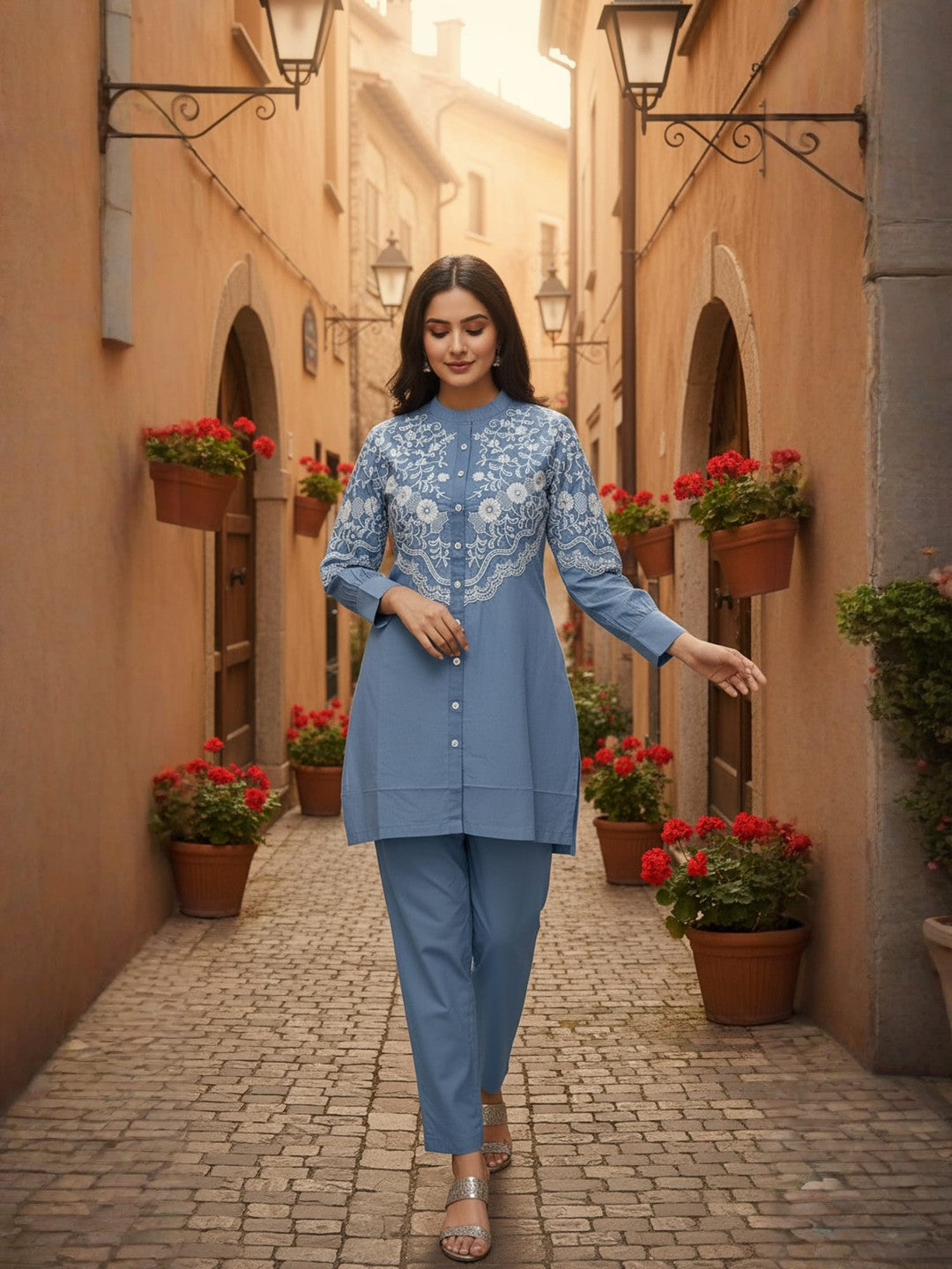 Cotton Floral Embroidered Shirt With TrouserCo-Ords Set