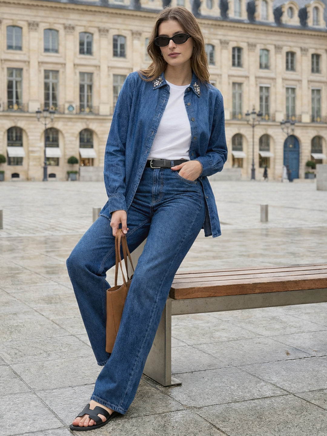 Zummer Embellished Denim Shirt with Spread Collar – Blue & Navy