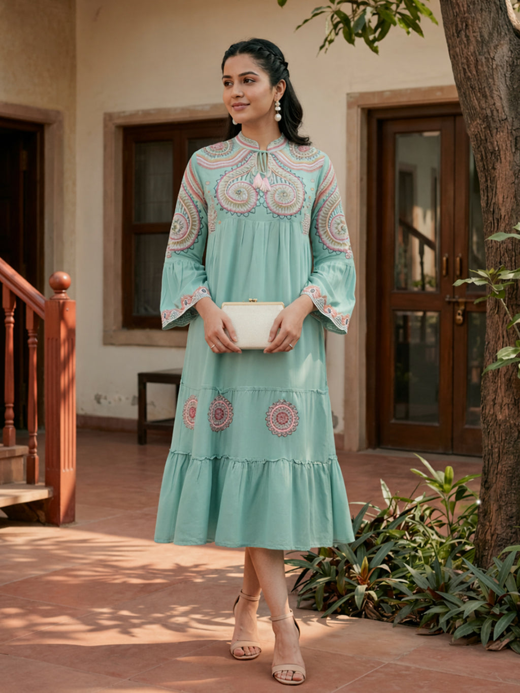Zummer Sea Green Embroidered Midi Dress