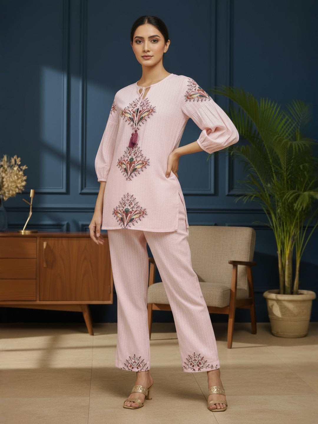 Cotton Embroidered Tunic With TrouserCo-Ords Set