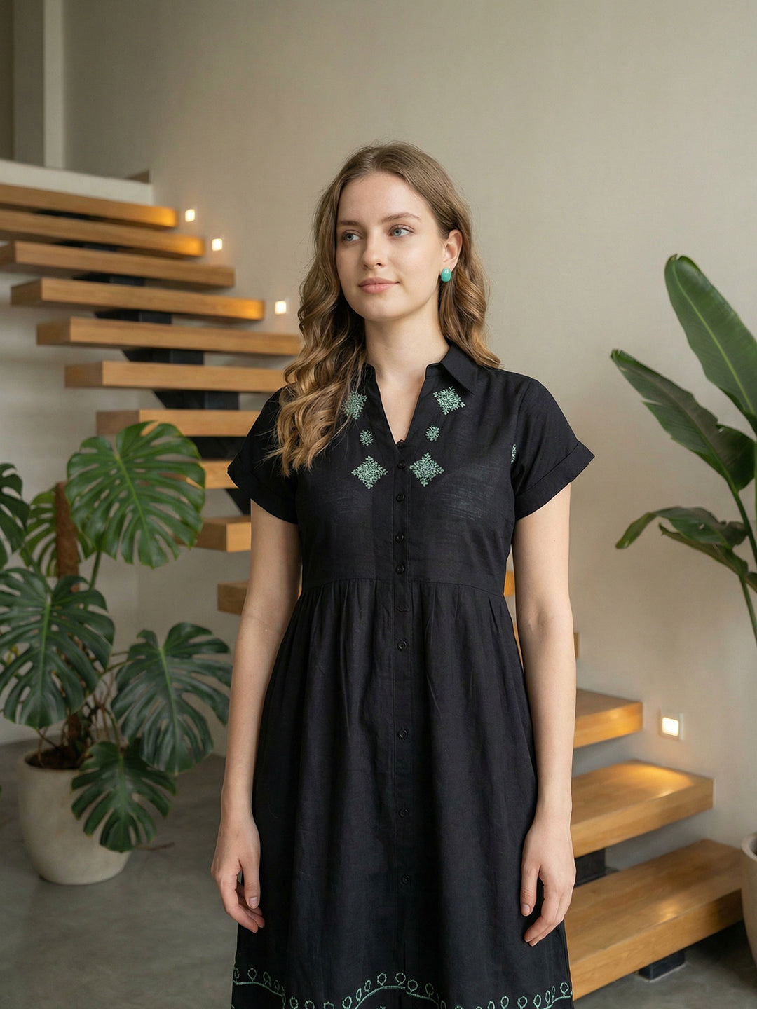 Zummer Embroidered Cotton Midi Dress with Shirt Collar – Black, Charcoal & Sea Green