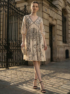 Zummer Off-White Embroidered Puff Sleeve Cotton Short Dress