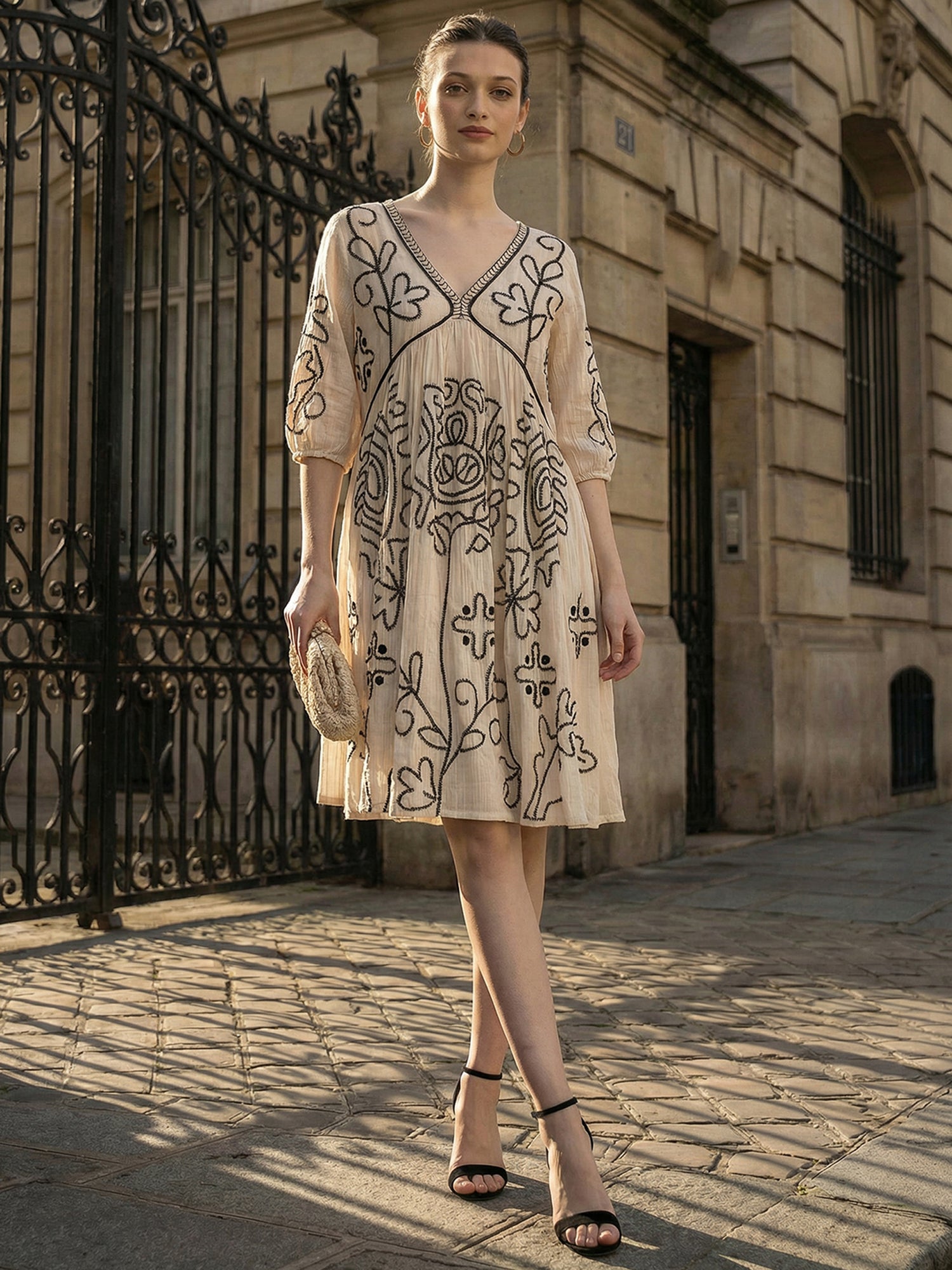 Zummer Off-White Embroidered Puff Sleeve Cotton Short Dress