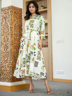 Rayon Off white Printed Fit And Flare Maxi Dress