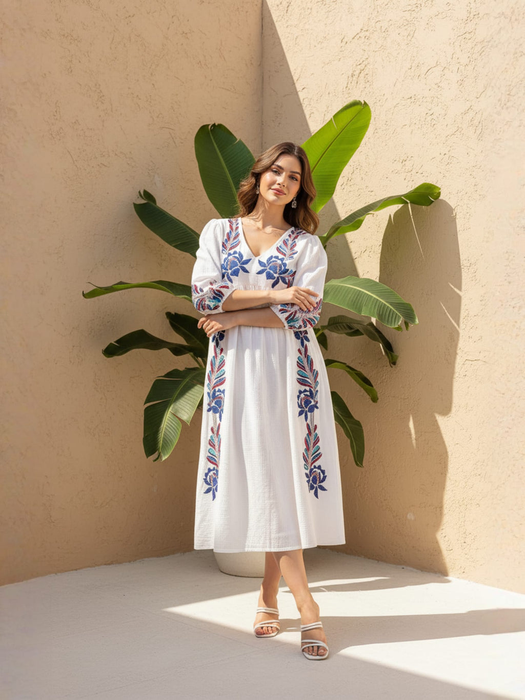 white Embroidered Empire Midi Dress