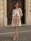 Off White Cotton Embroidered Empire Short Dress with Puff Sleeves